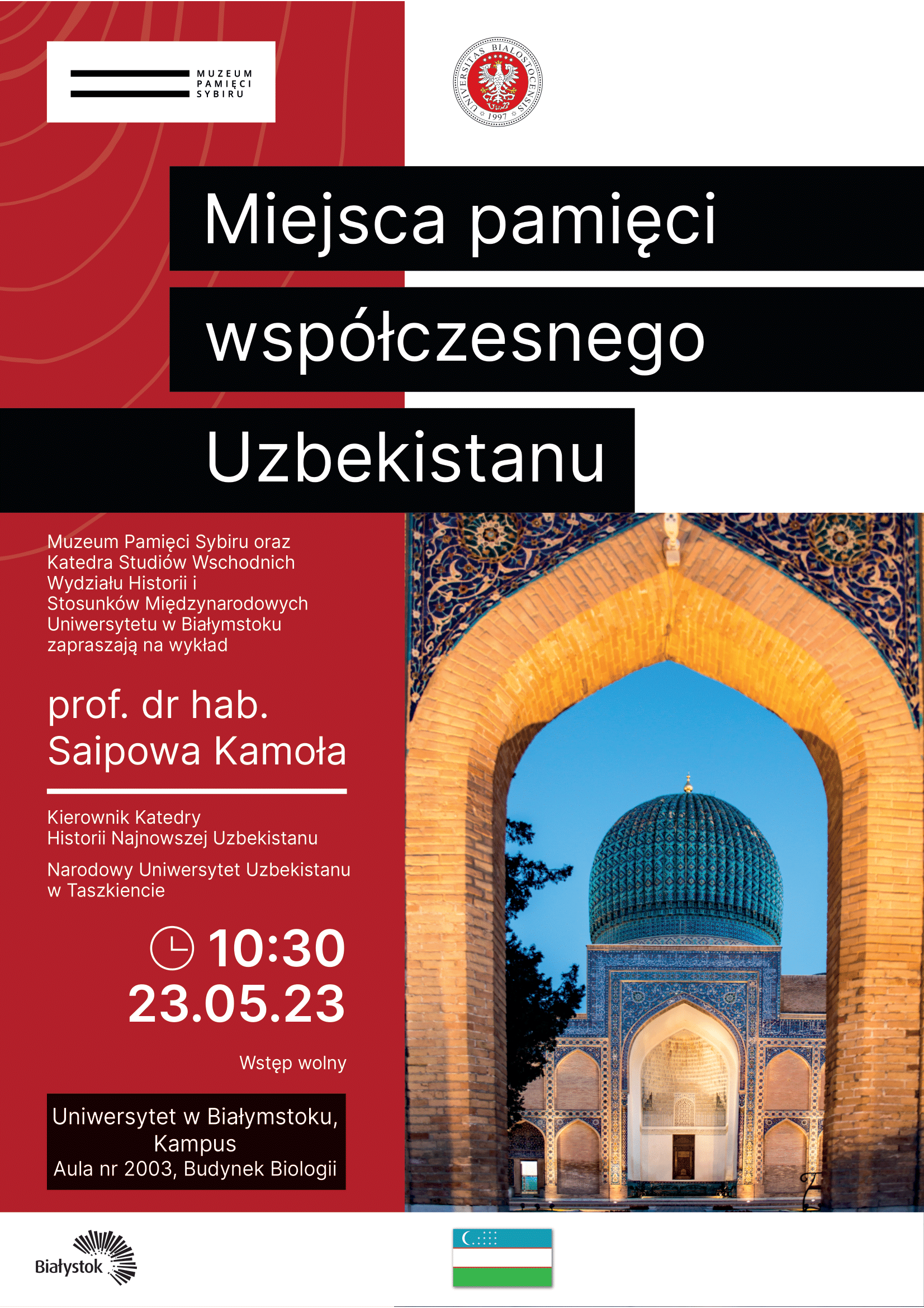 Plakat informujący o wykładzie pt. Miejsca pamięci współczesnego Uzbekistanu